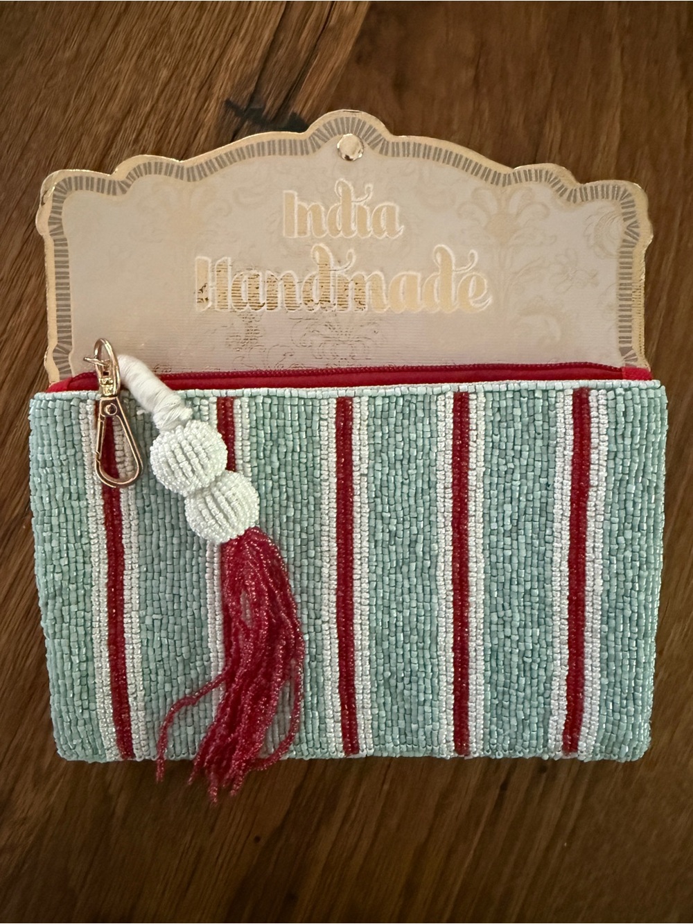 Wandering Moon - Handmade Beaded Stripe Clutch Pouch - Mint and Red 8”x5.5”